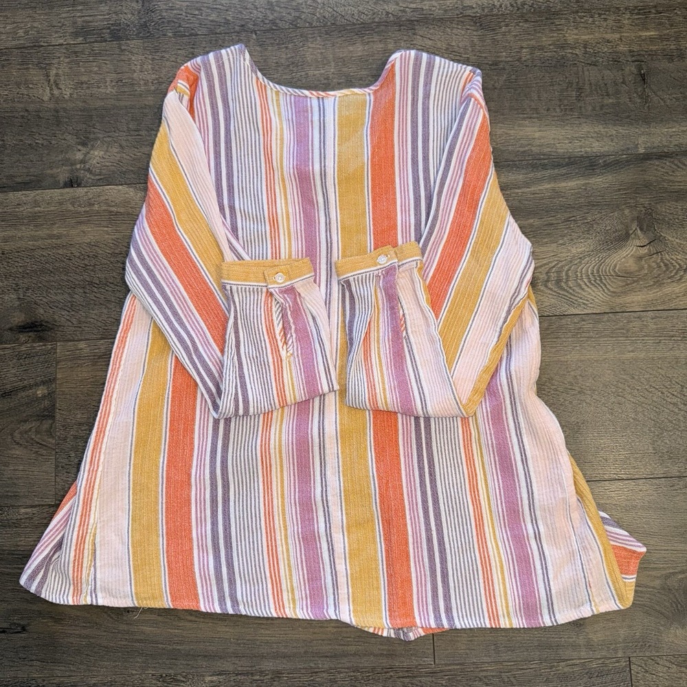 a.n.a Woman Large Shirt Rainbow Striped Tassels Pleated Long Sleeve Blouse Boho - Picture 13 of 14
